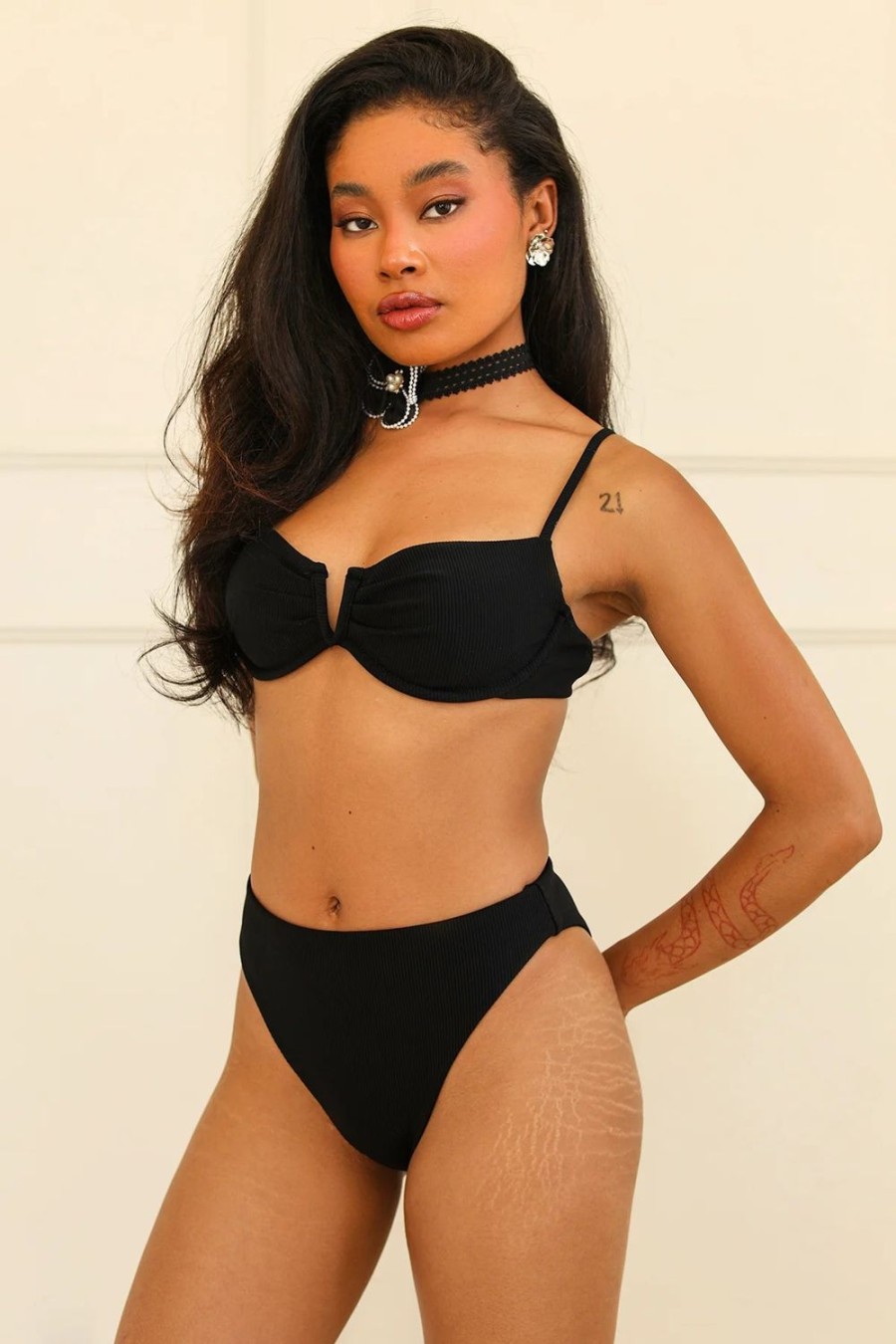 Swim Dippin' Daisy's High Waist | Seashore High Waisted Cheeky Swim Bikini Bottom Black Rib